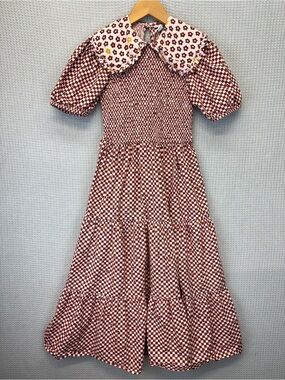 Neon Rose Midi Smock Dress W/ Shirring Collar In Pink Gingham Retro Floral Small